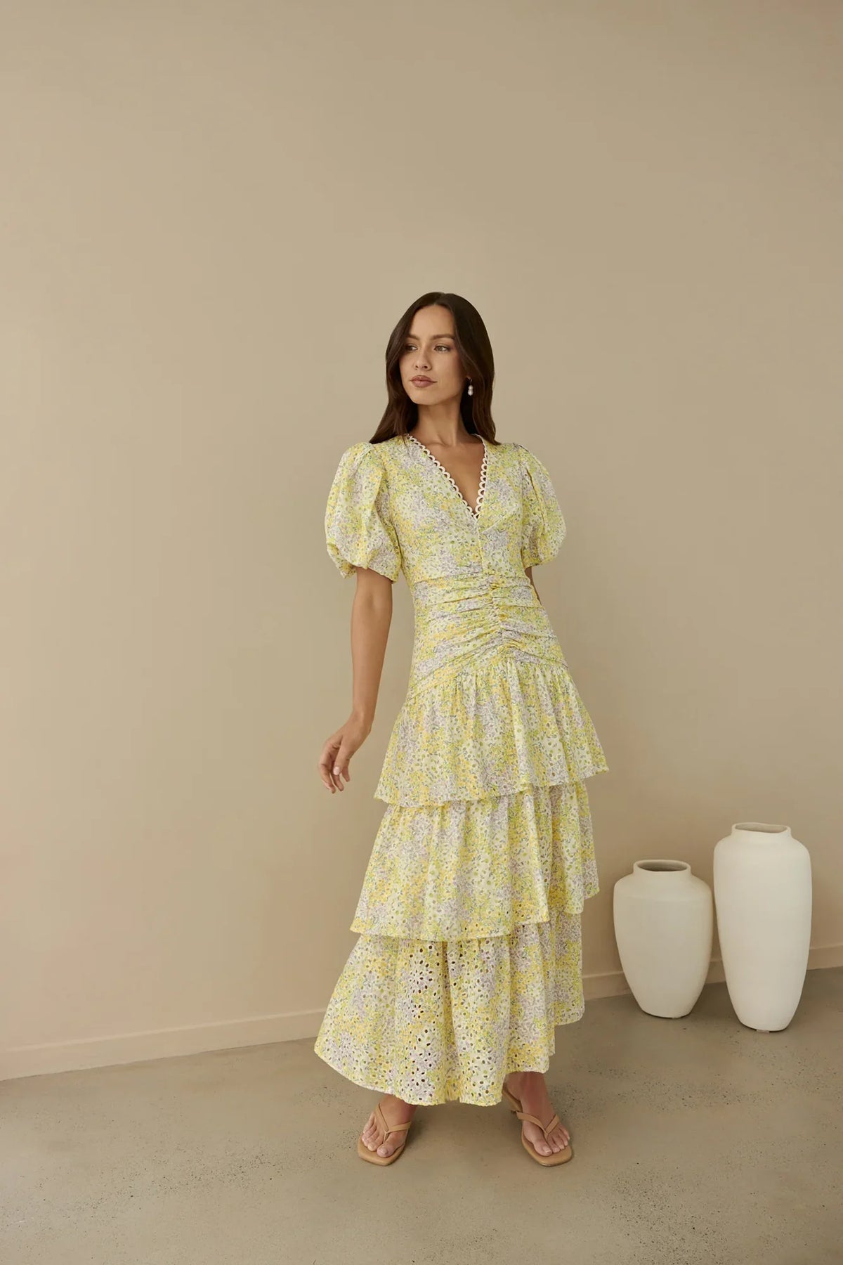 Corinna Tiered Maxi Dress Lemon