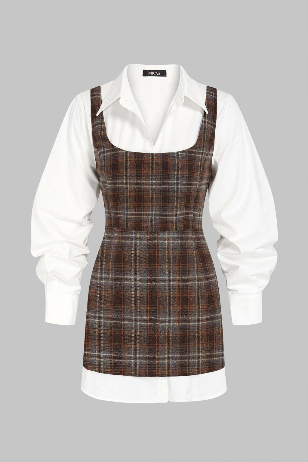 Solid Long Sleeve Shirt And Plaid Print Mini Dress Set