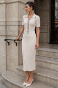 Knit Conrast Trim Button Ribbed Short Sleeve Maxi Dress