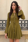 Solid Ruched Tie-Up Long Sleeve Mini Dress