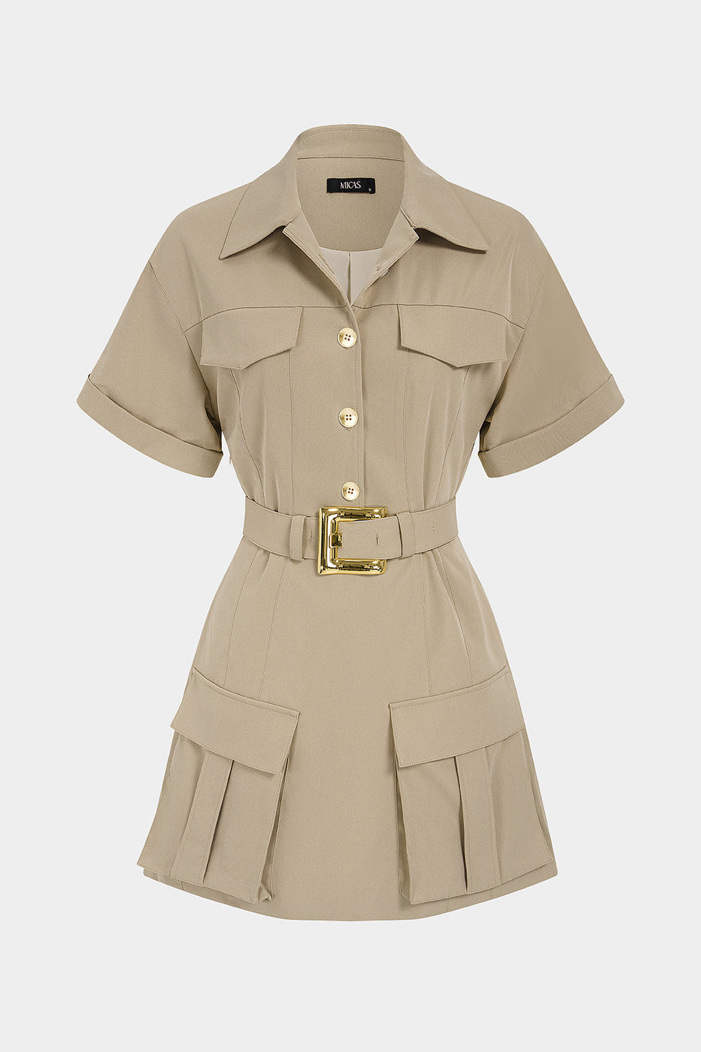 Metallic Belted Pocket Short Sleeve Mini Dress