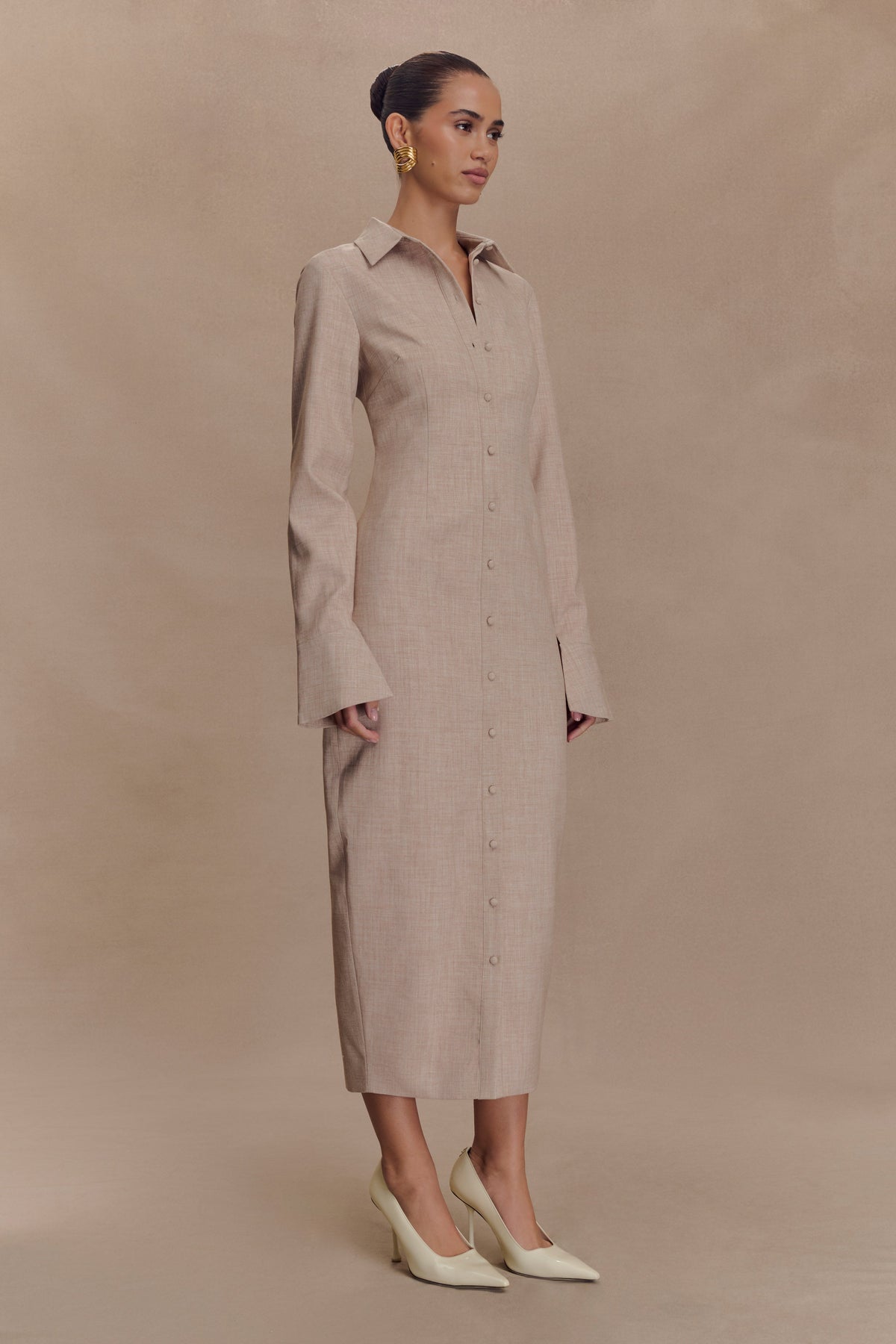 Dorian Fitted Shirt Midi Dress - Wheat Marle