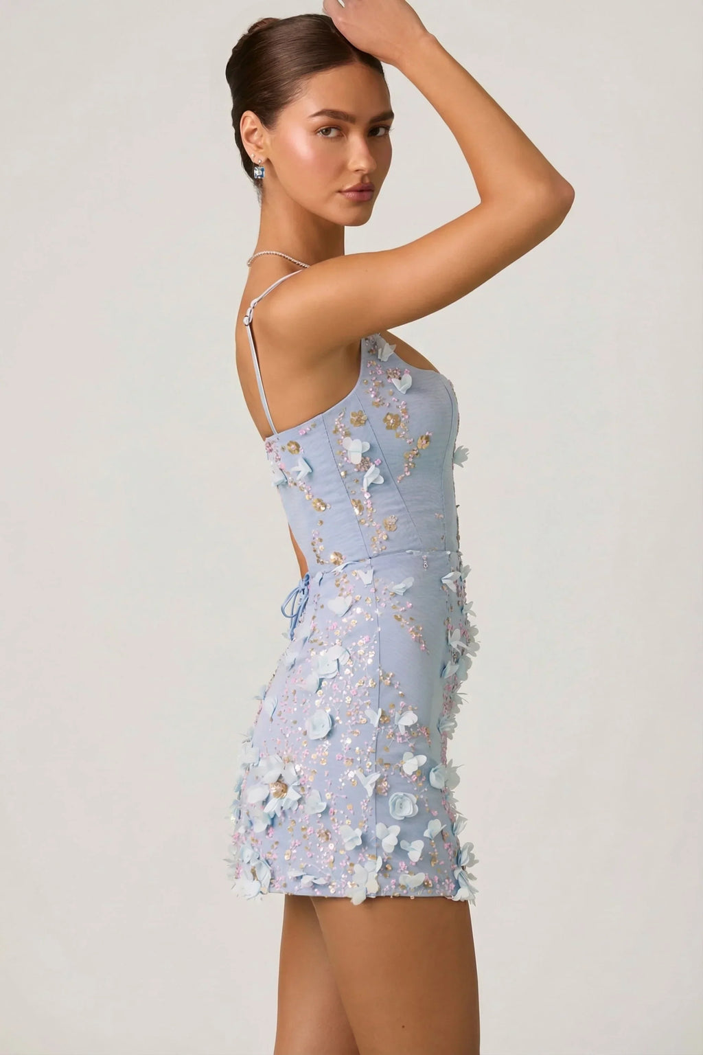 Embellished Appliqu¨¦ Corset Mini Dress in Sky Blue