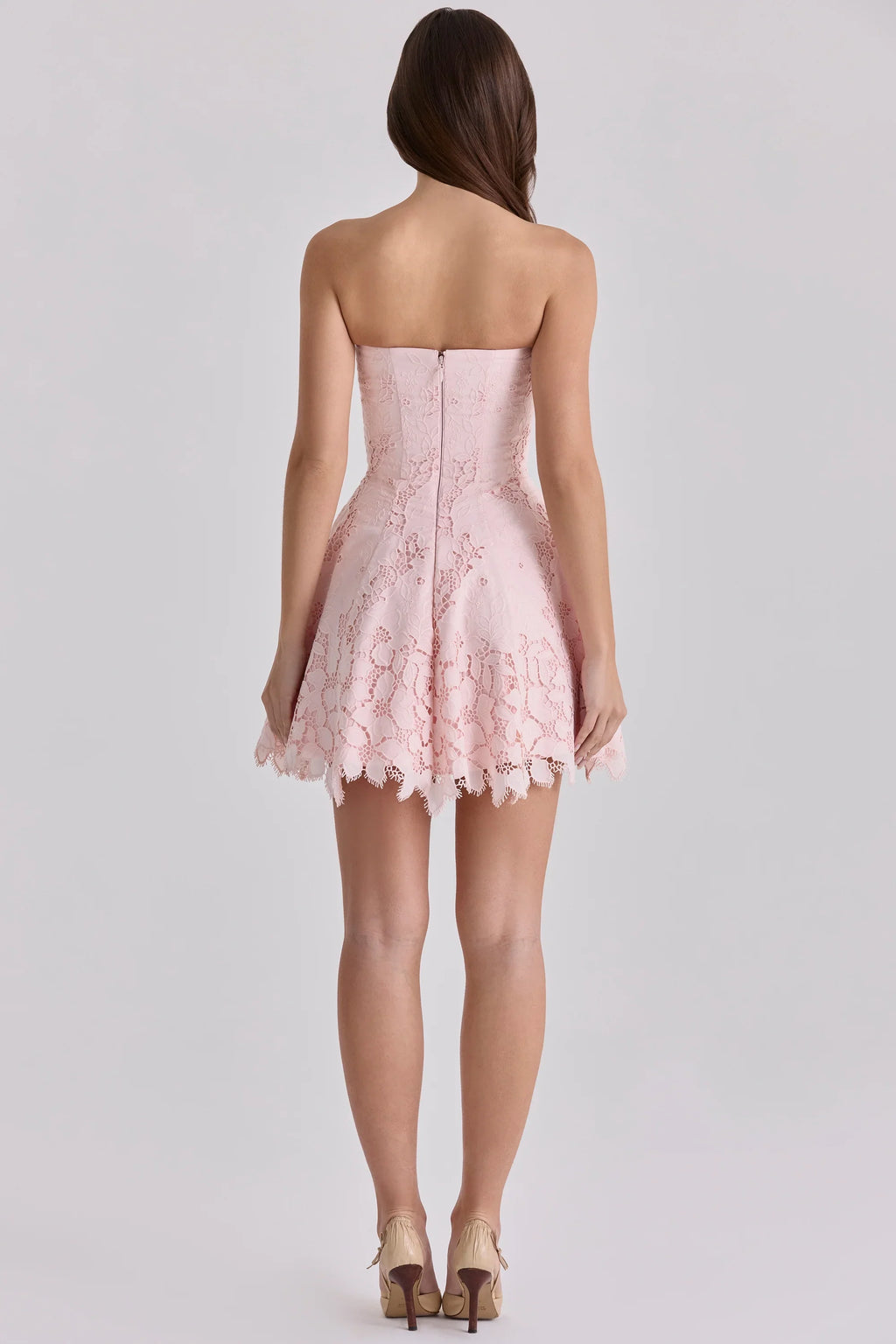 pink strapless cut out broderie anglaise mini dress