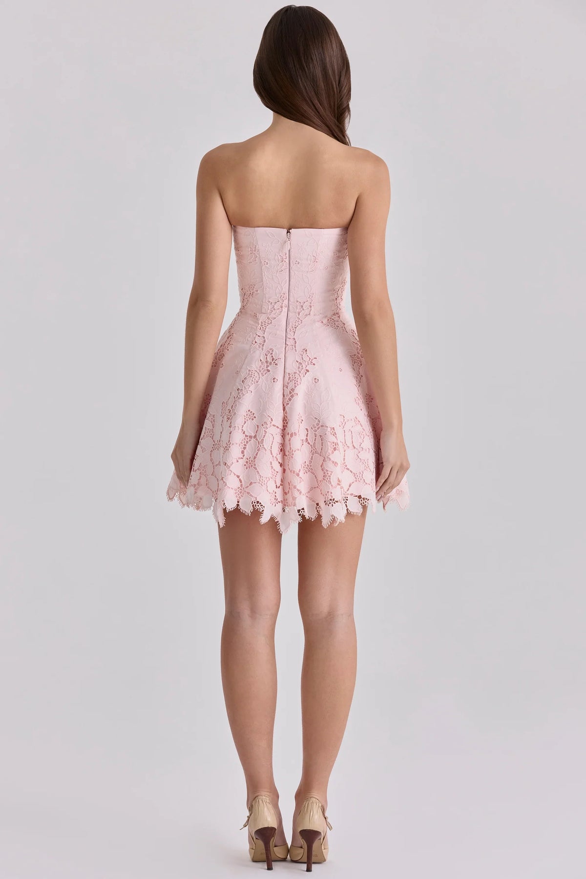 pink strapless cut out broderie anglaise mini dress
