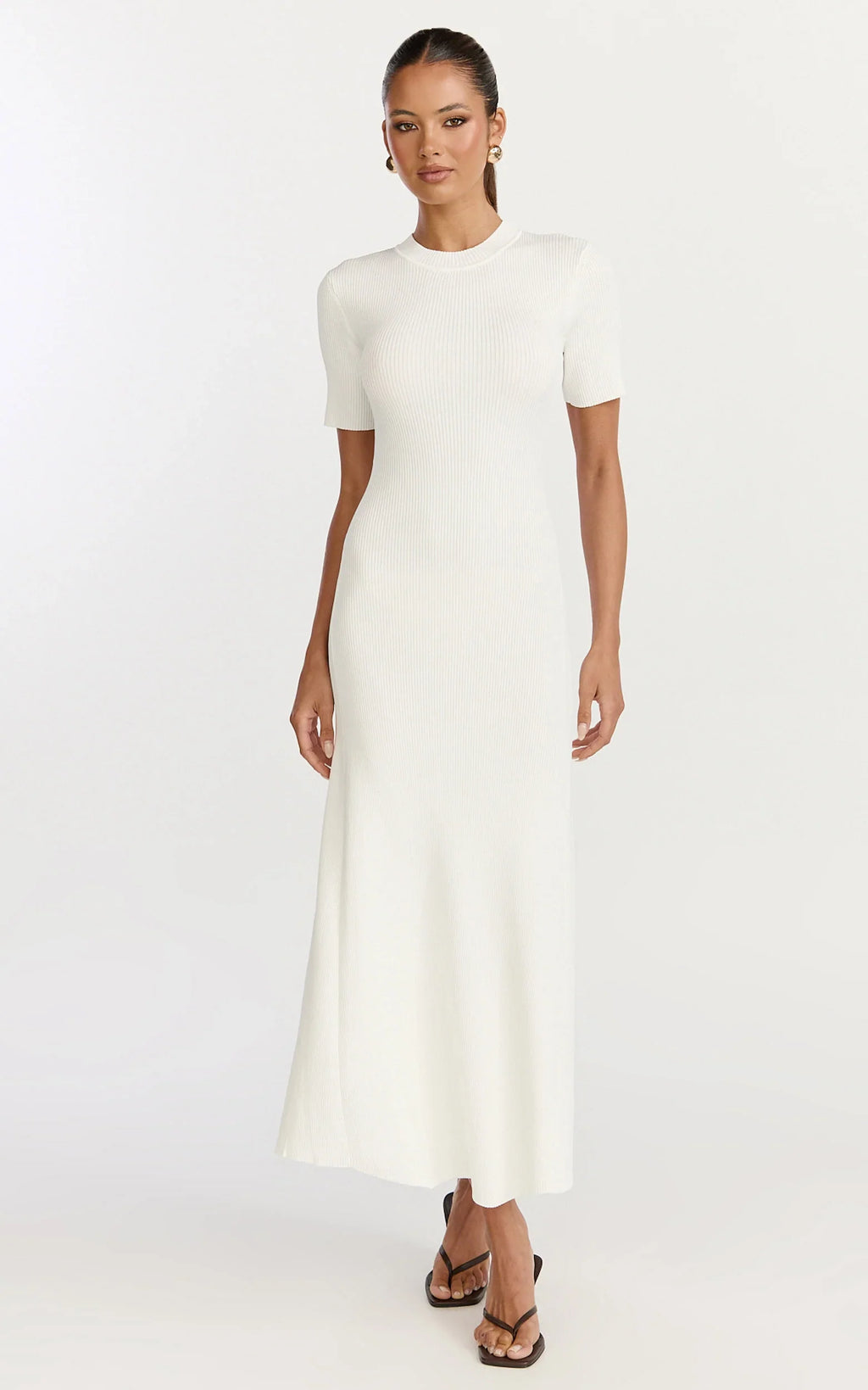Lanie Midi Dress - Knitted Crew Neck Short Sleeve Dress in Cream