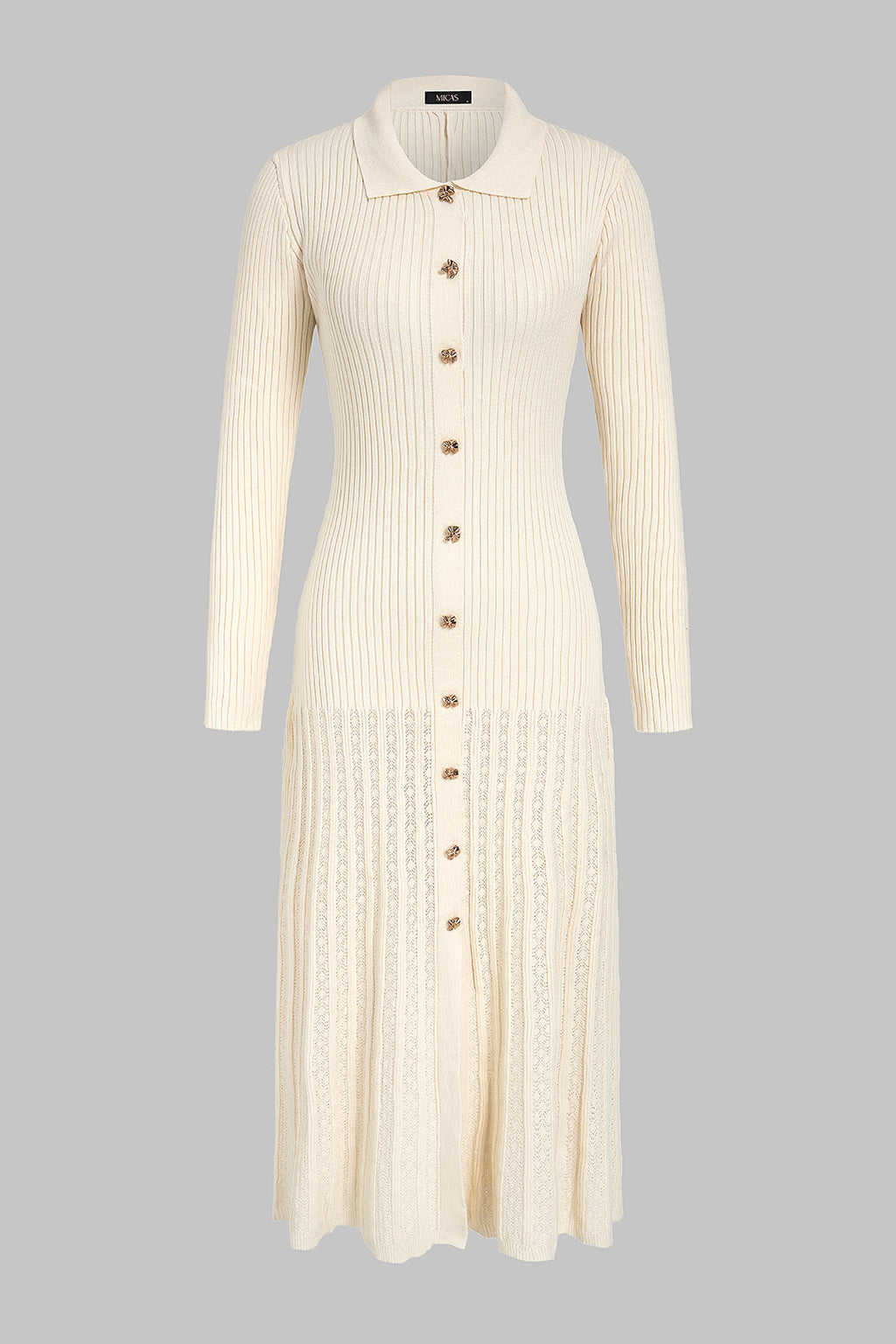 Knit Lapel Metallic Button Ribbed Long Sleeve Maxi Dress