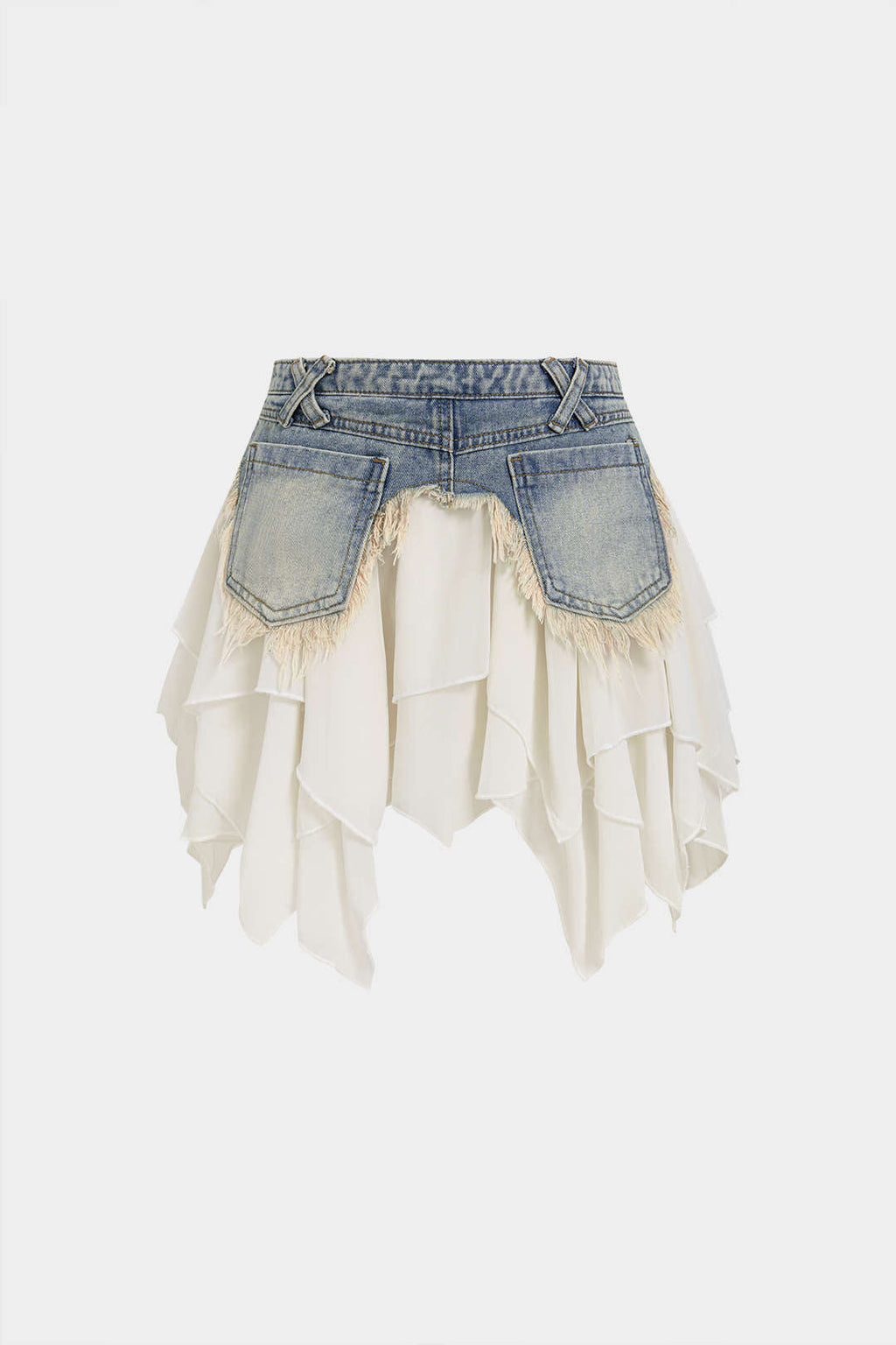 Denim Patchwork Chiffon Irregular Hem Frayed Skirt