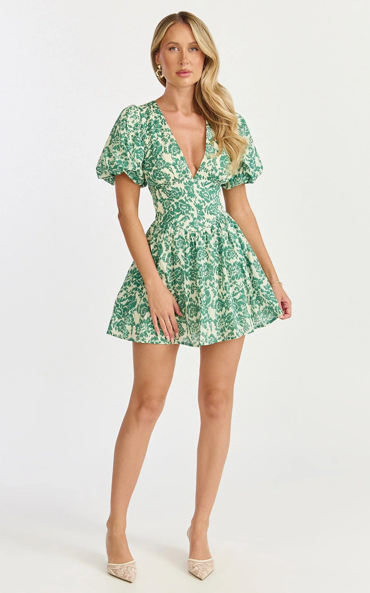Nelli Mini Dress - Short Puff Sleeve Shirred Back Dress in Green Silhouette