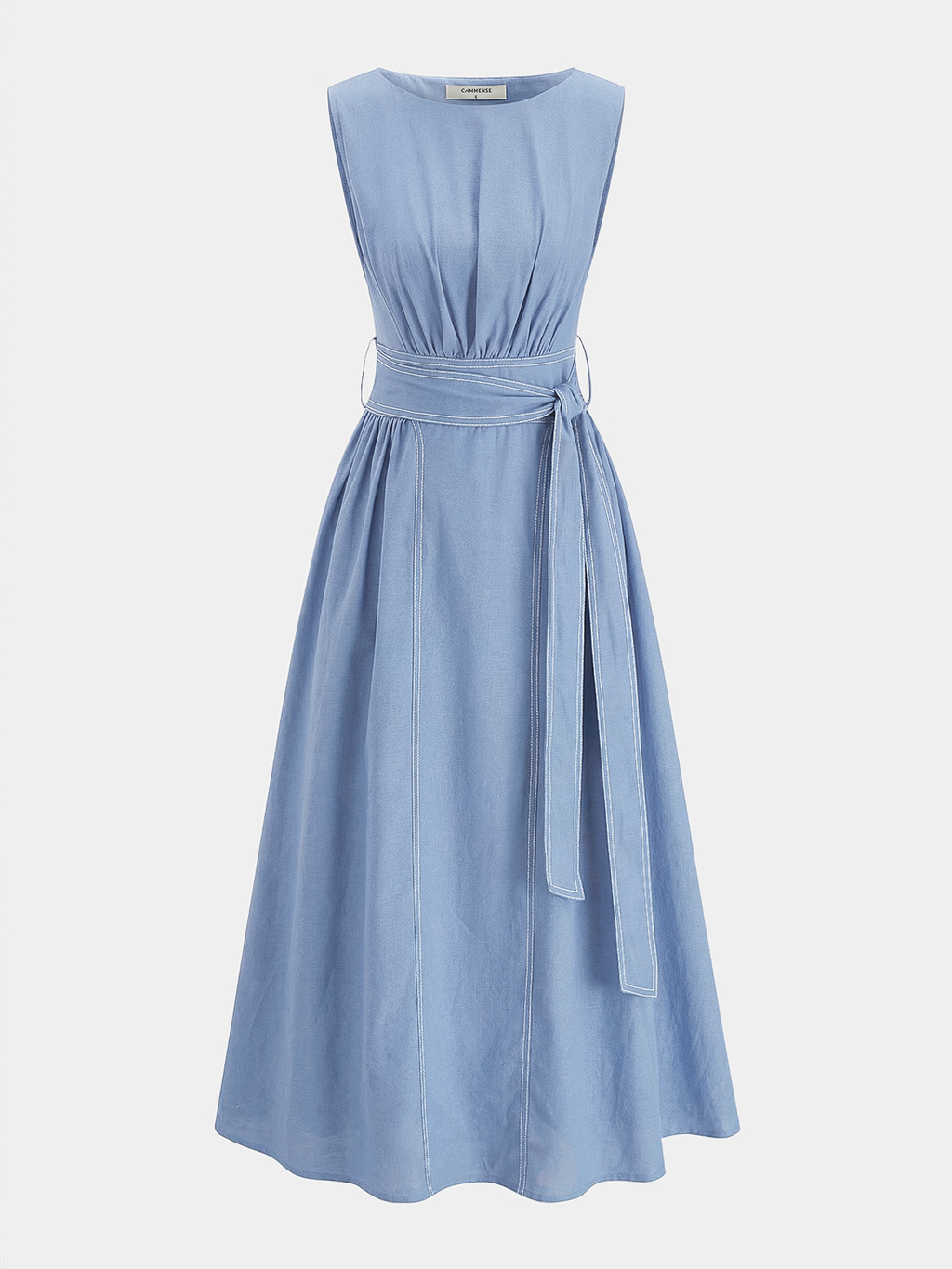 Cotton Linen Sleeveless Belted Midi Dress