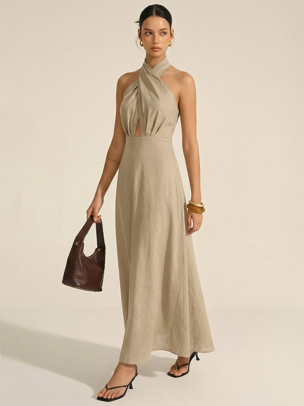 Cotton Linen Halter Neck Cut-Out Maxi Dress