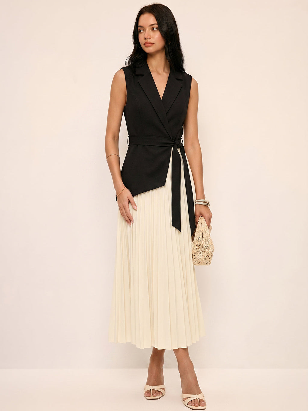 Sleeveless Belted Pleated Blazer Dress