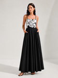 Contrast Flower Bust Pleated Swing Dress