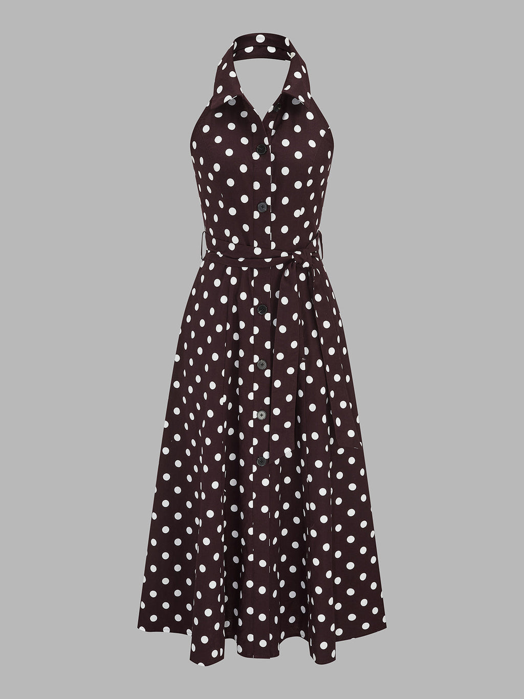 Polka Dot Halter Belted Cotton Linen Midi Dress