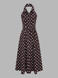 Polka Dot Halter Belted Cotton Linen Midi Dress
