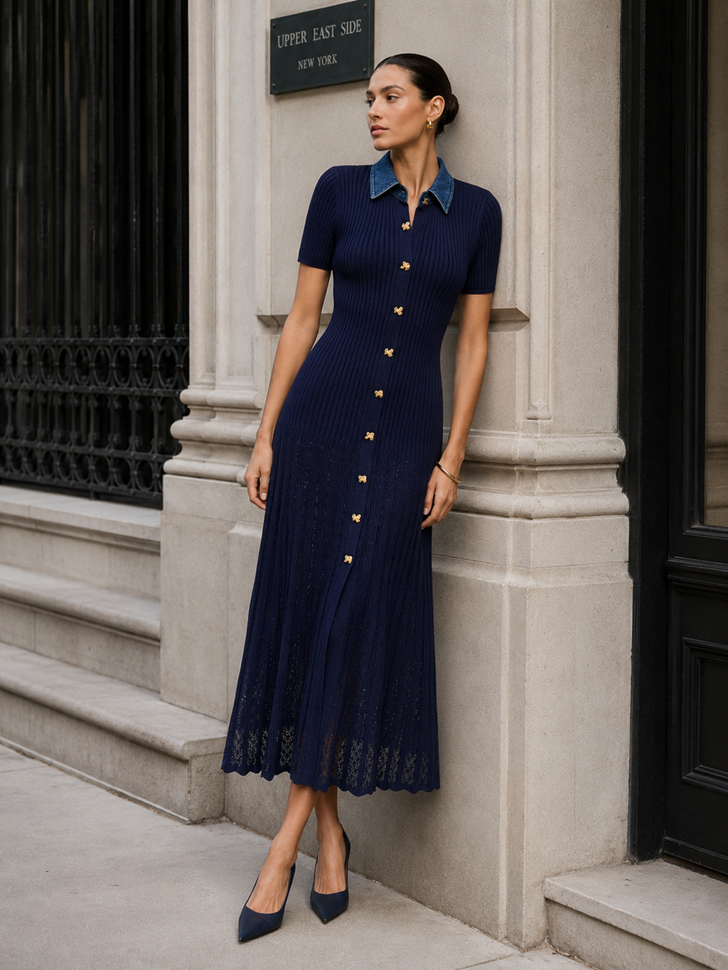 Denim Collar Ribbed Knit Maxi Dress