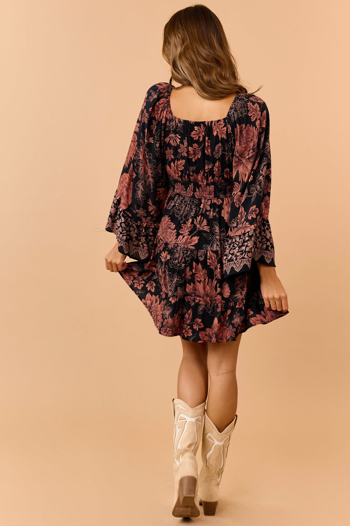 Black and Copper Floral Surplice Neckline Mini Dress