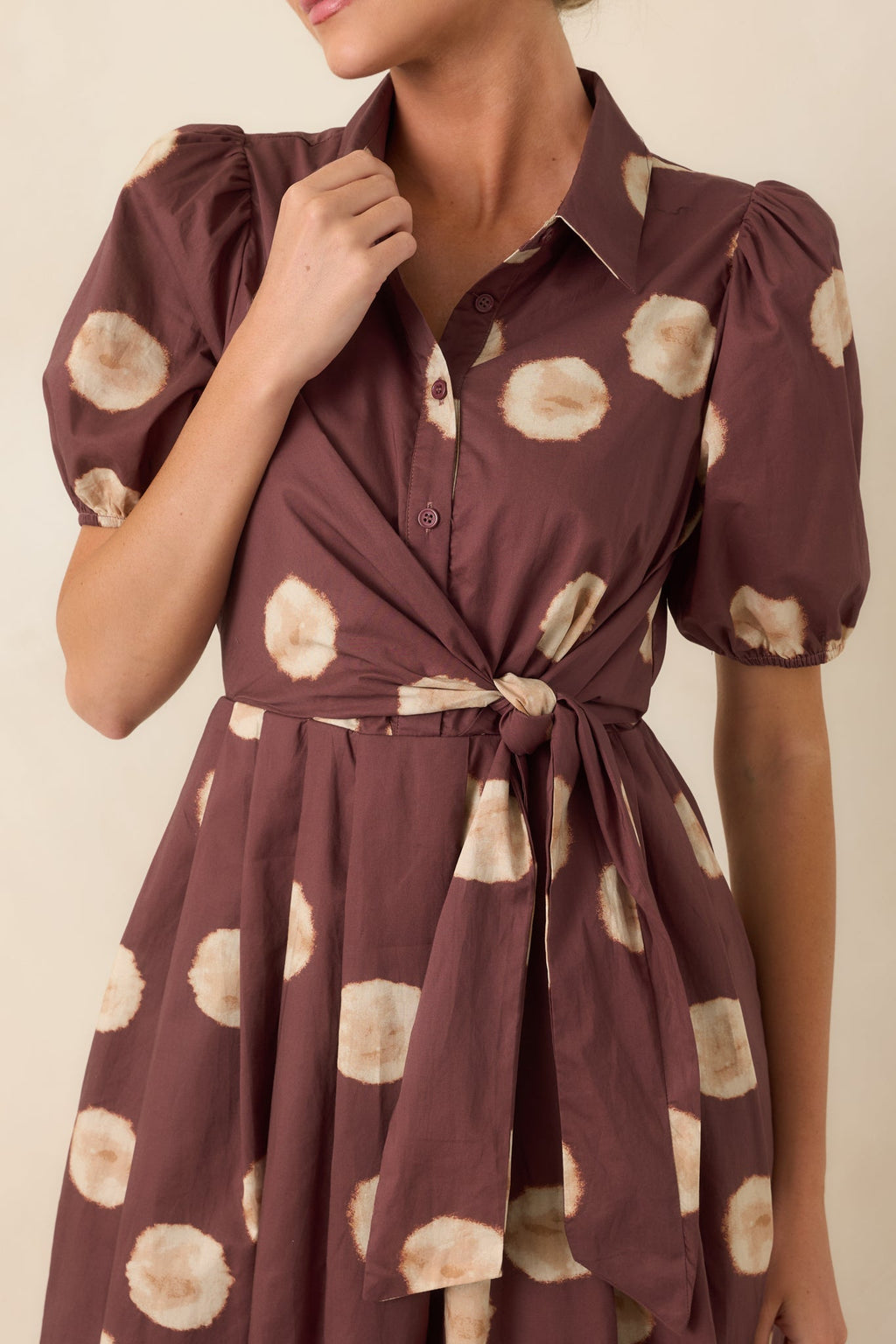 Gather Around Rust Brown Dot Print Cotton Midi Dress