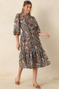 A Well-Told Story Brown & Blue Floral Tie-Waist Midi Dress