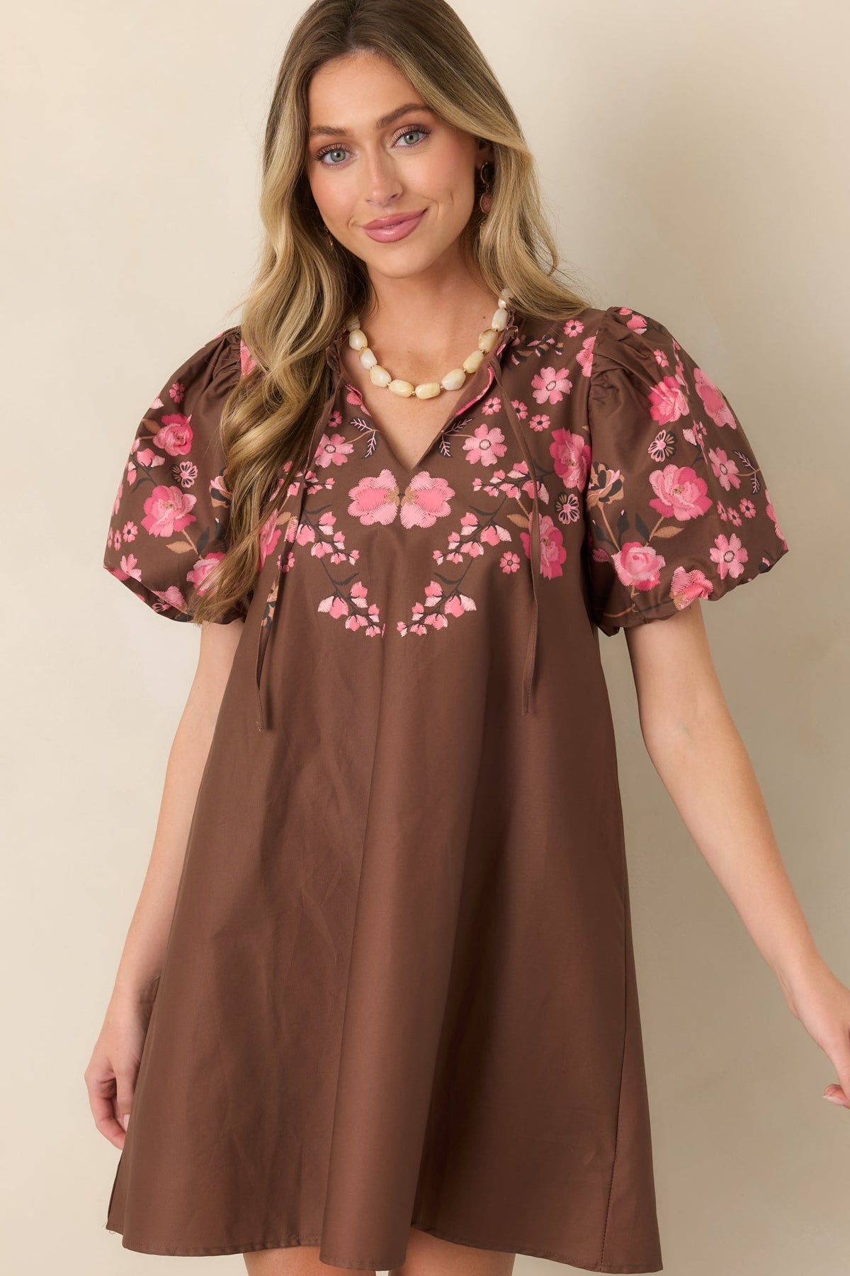 Pretty Particular Brown & Pink Floral Cotton Mini Dress