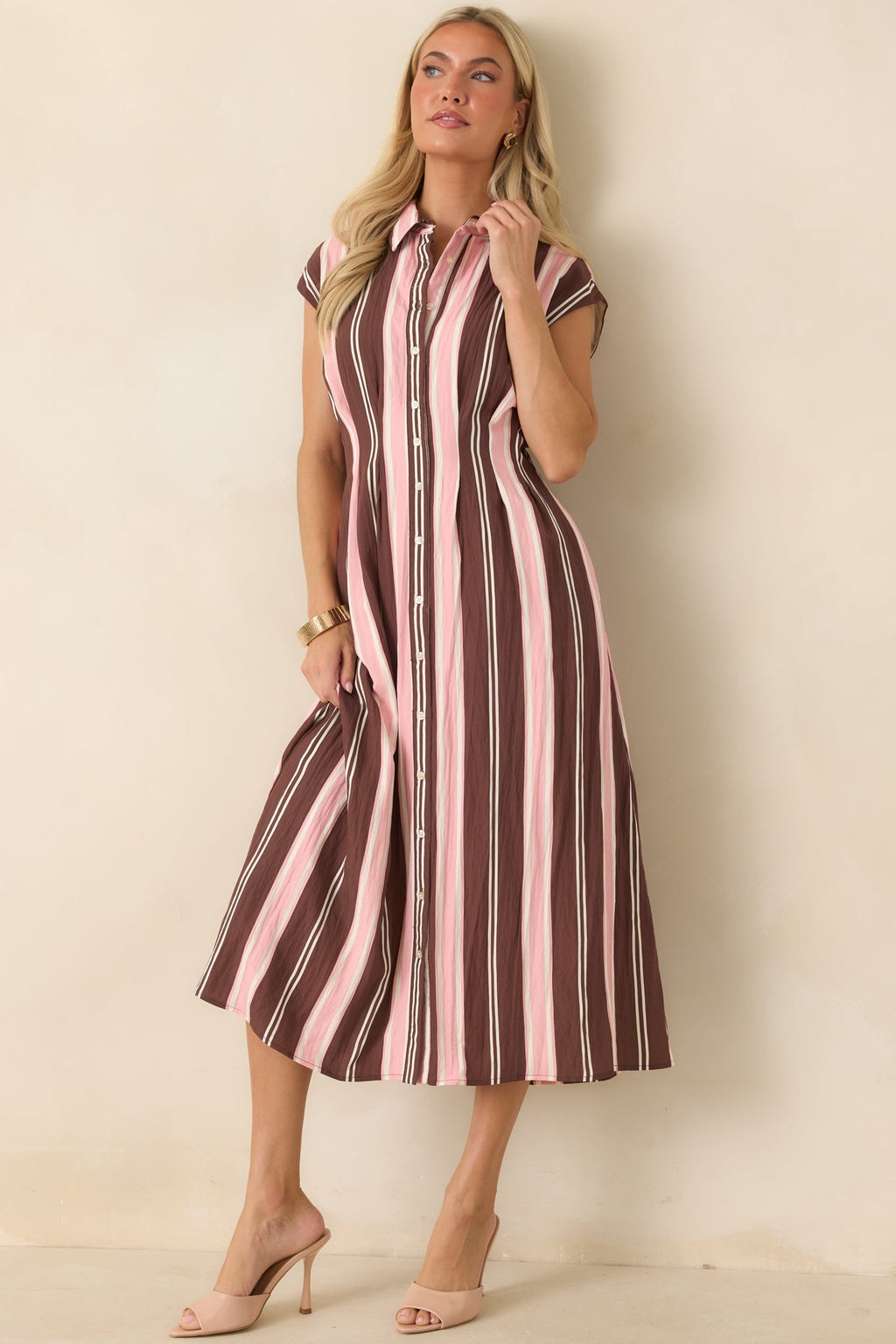 Coffee & Conversation Brown & Pink Stripe Midi Shirt Dress