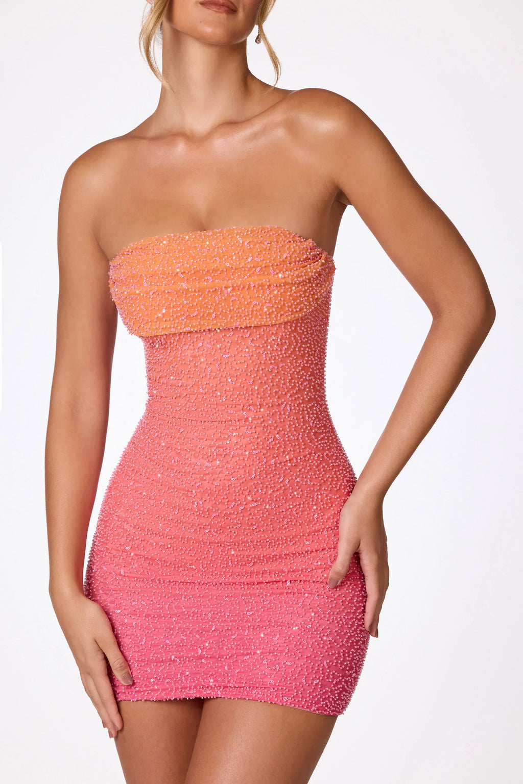 Embellished Strapless Mini Dress in Red and Orange Ombr¨¦