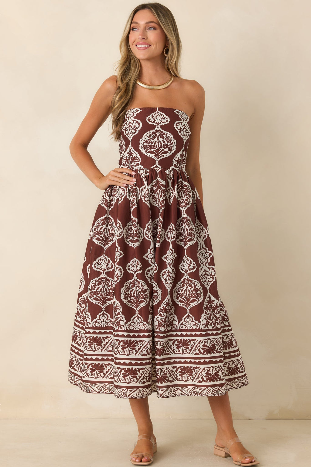Painted Passage Chocolate & Ivory Cotton Strapless Midi Dress