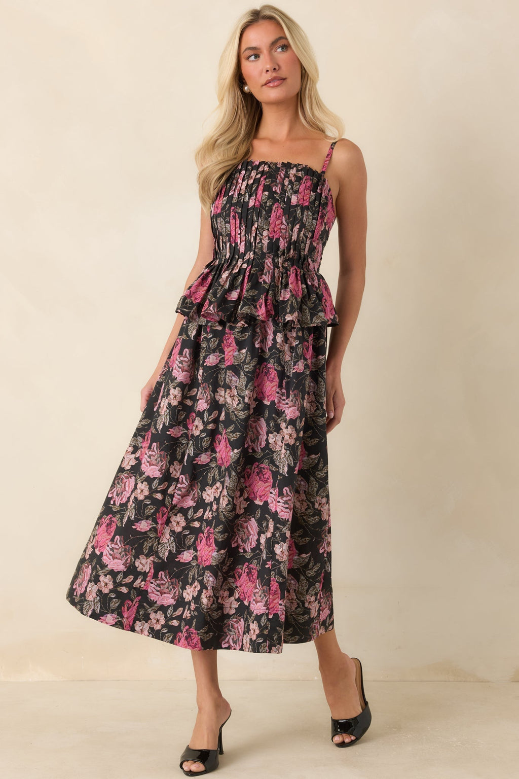 A Very Good Reason Black Floral Cotton Pleated Peplum Midi Dress