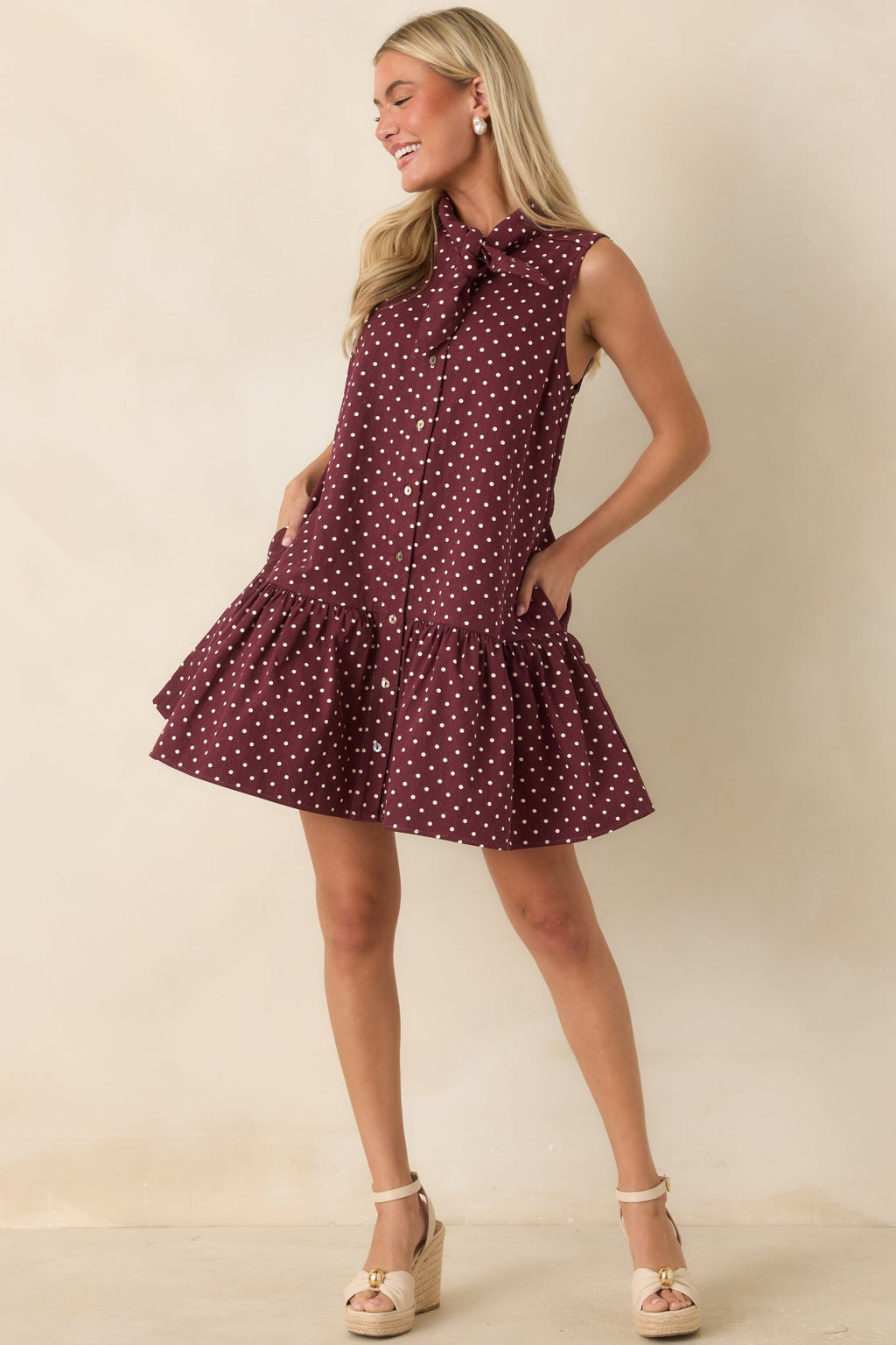 Hard to Overlook Burgundy Polka Dot Cotton Tie-Neck Mini Dress
