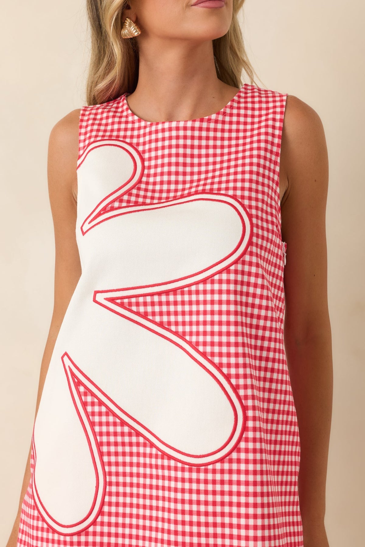 Instant Joy Red Gingham Cotton Appliqu¨¦ Mini Shift Dress