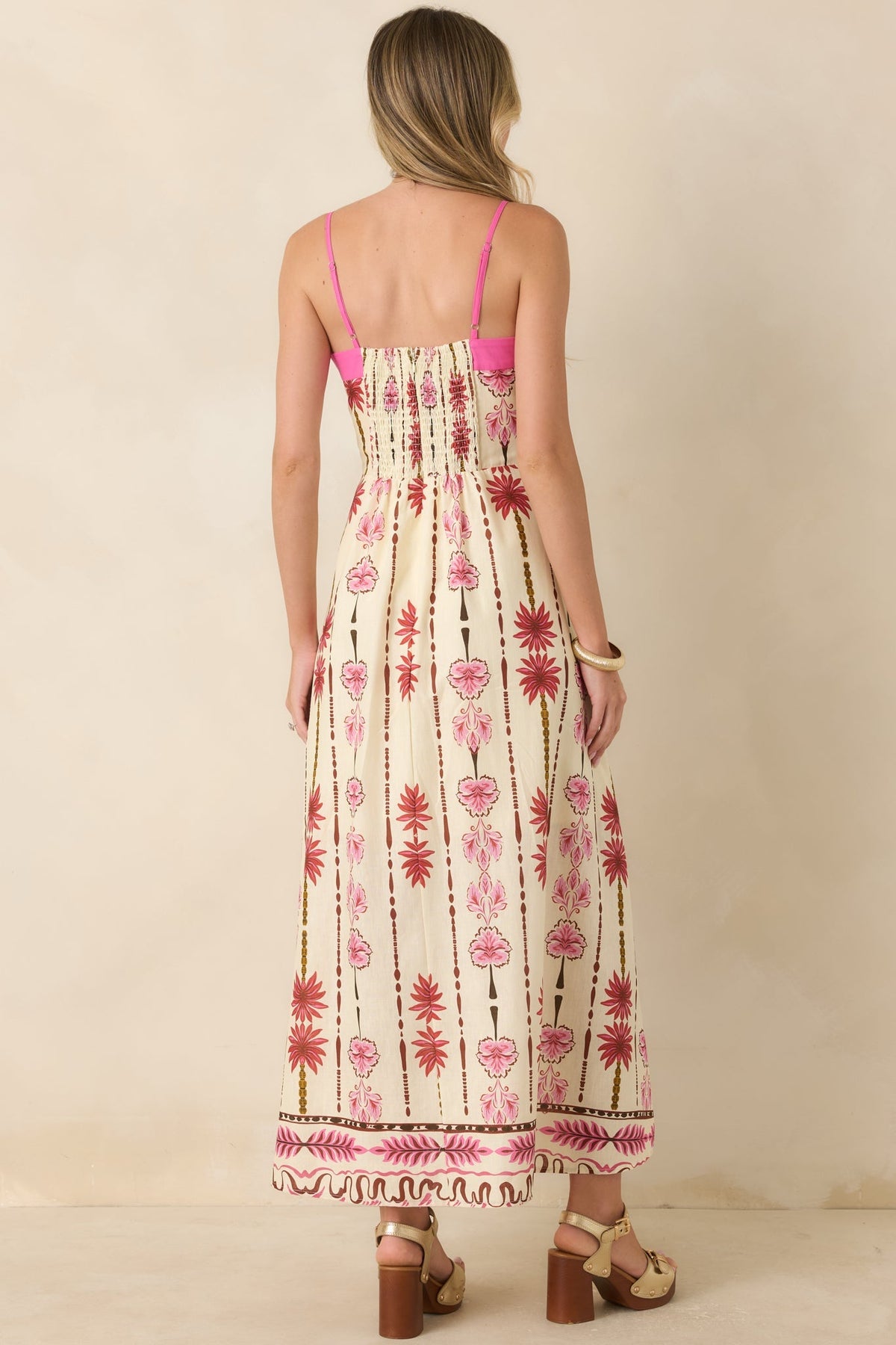 Palms & Prosecco Pink Floral Cotton Linen Maxi Dress
