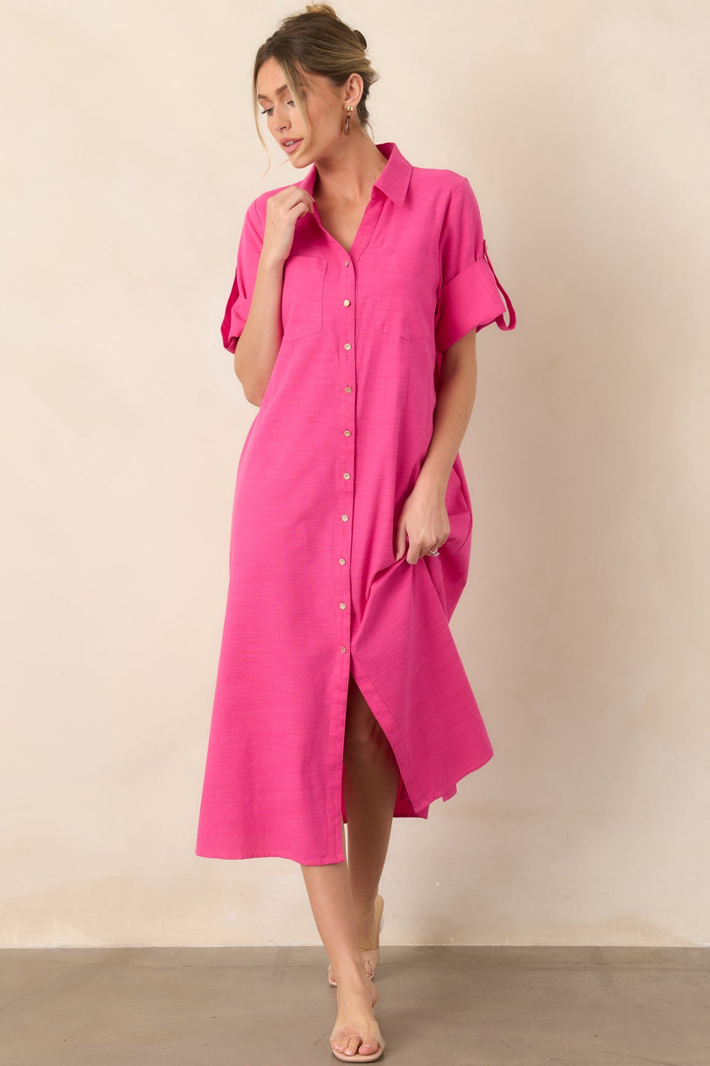 Show Me the Way Fuchsia Cotton Button Front Midi Shirt Dress