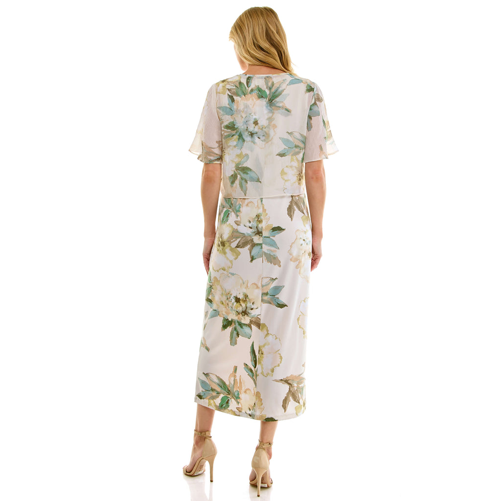 Sleeveless Maxi Dress With Separate Front Tie Shrug In Cream/Green/Taupe