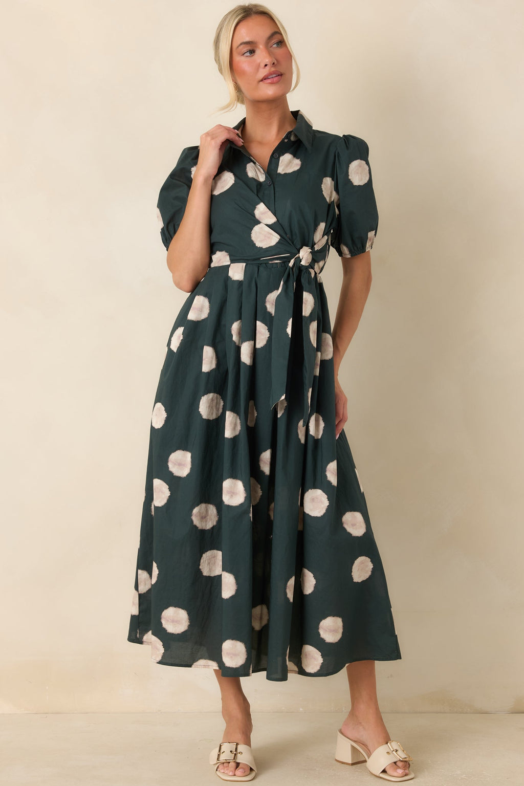 Gather Around Hunter Green Dot Print Cotton Midi Dress