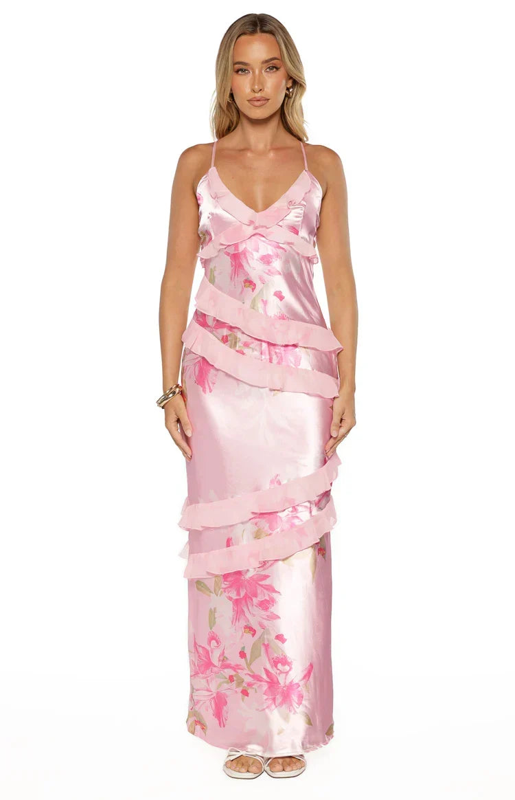 Inara Pink Floral Print Ruffle Maxi Dress
