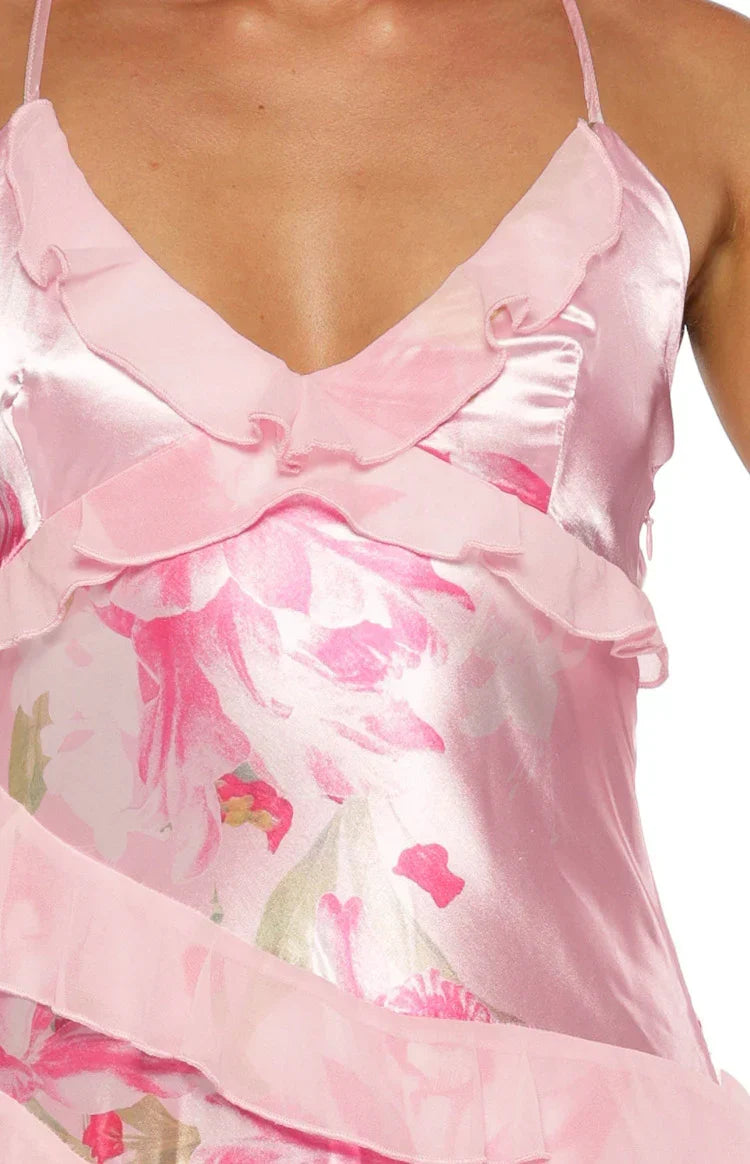 Inara Pink Floral Print Ruffle Maxi Dress