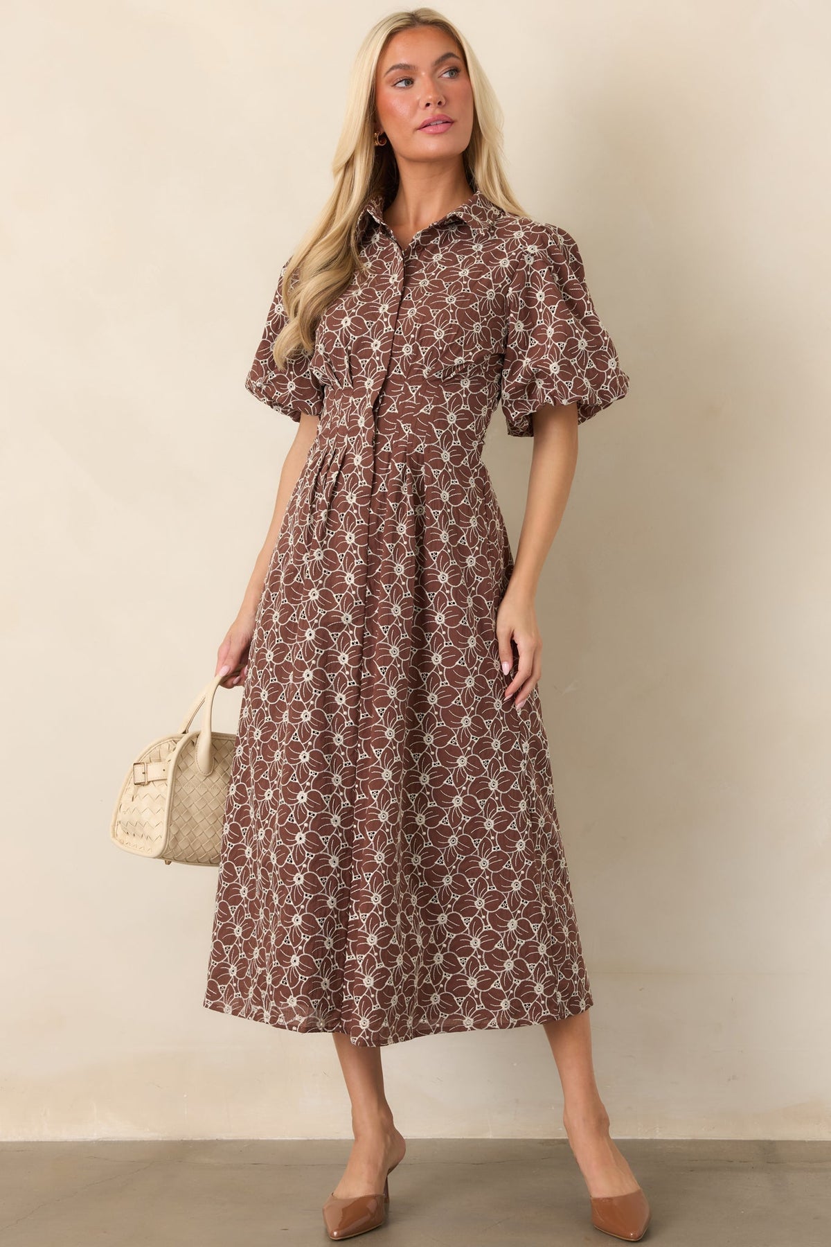 Consider It Done Brown & Ivory Floral Eyelet Cotton Midi Dress