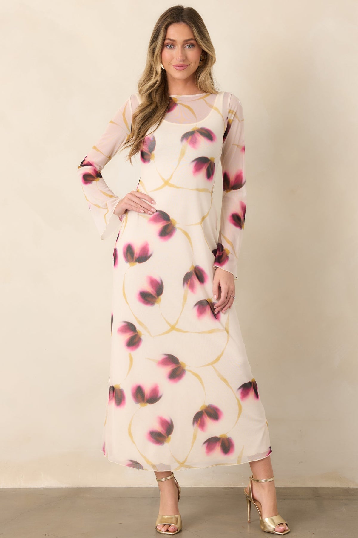 MINKPINK Emery Ivory Floral Mesh Midi Dress