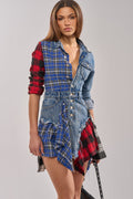 PATCHWORK PLAID DENIM MINI DRESS