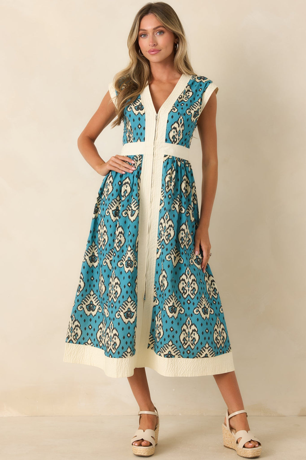 In the Studio Teal & Ivory Ikat Print Cotton Midi Dress