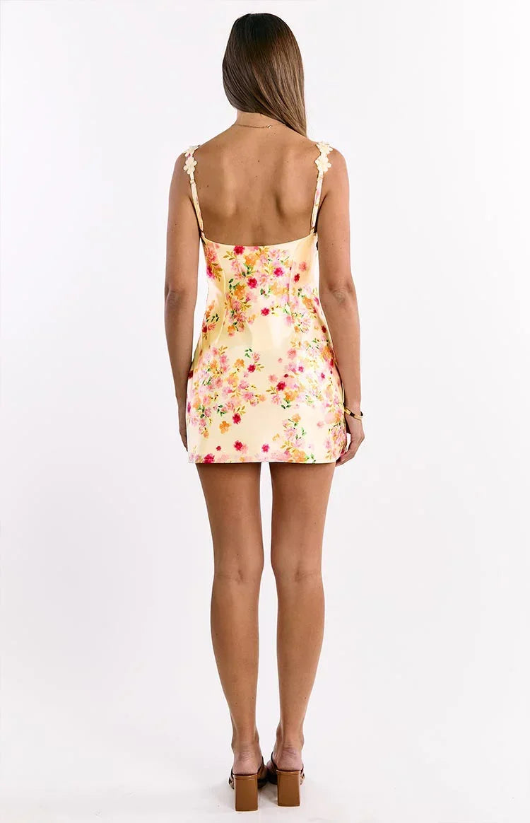 Marbelle Yellow Bloom Satin Mini Dress