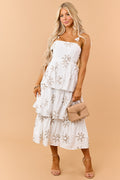 Off White Cotton 3D Floral Embroidered Midi Dress