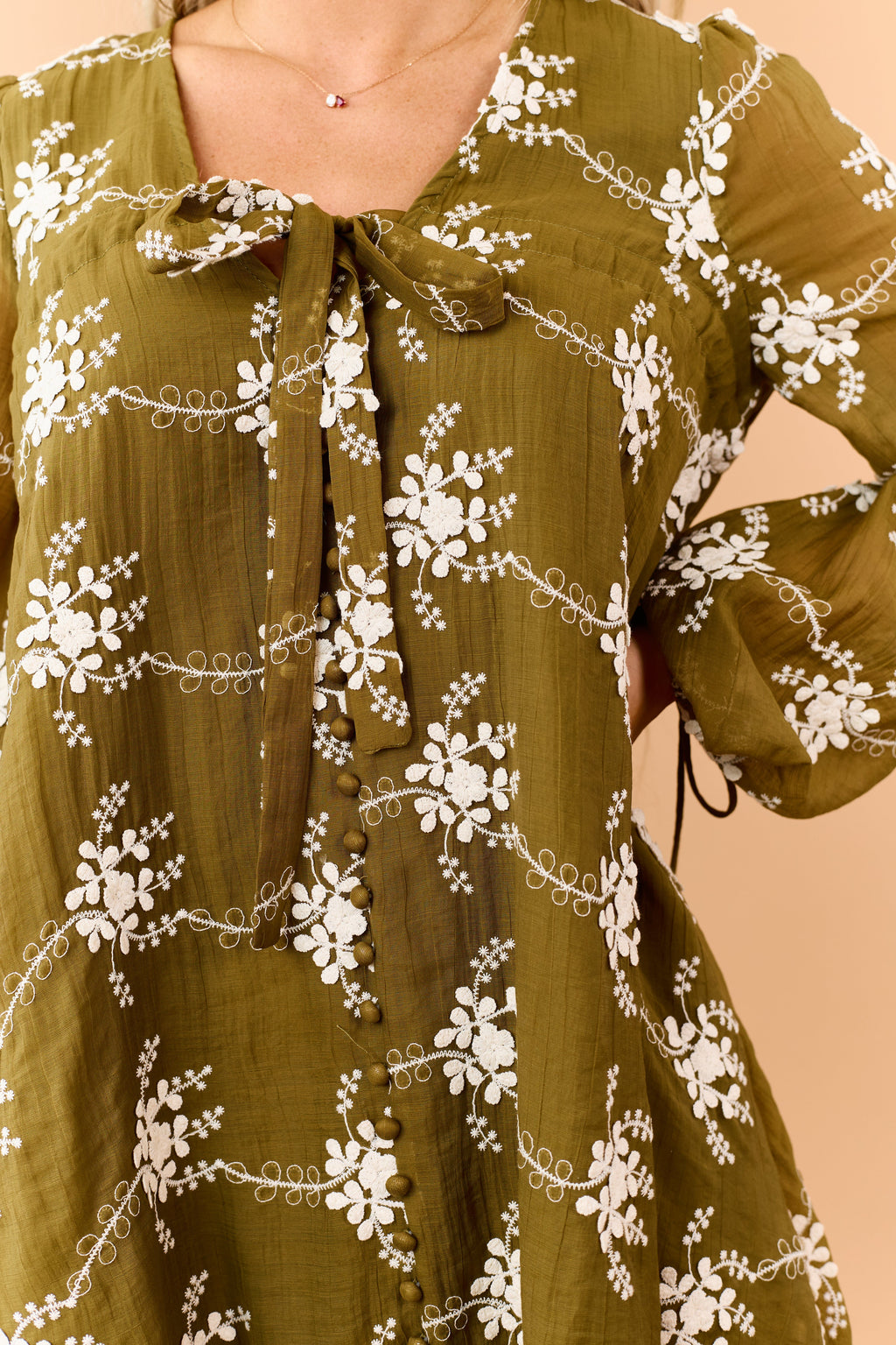 Olive Floral Applique Embroidered Flowy Mini Dress