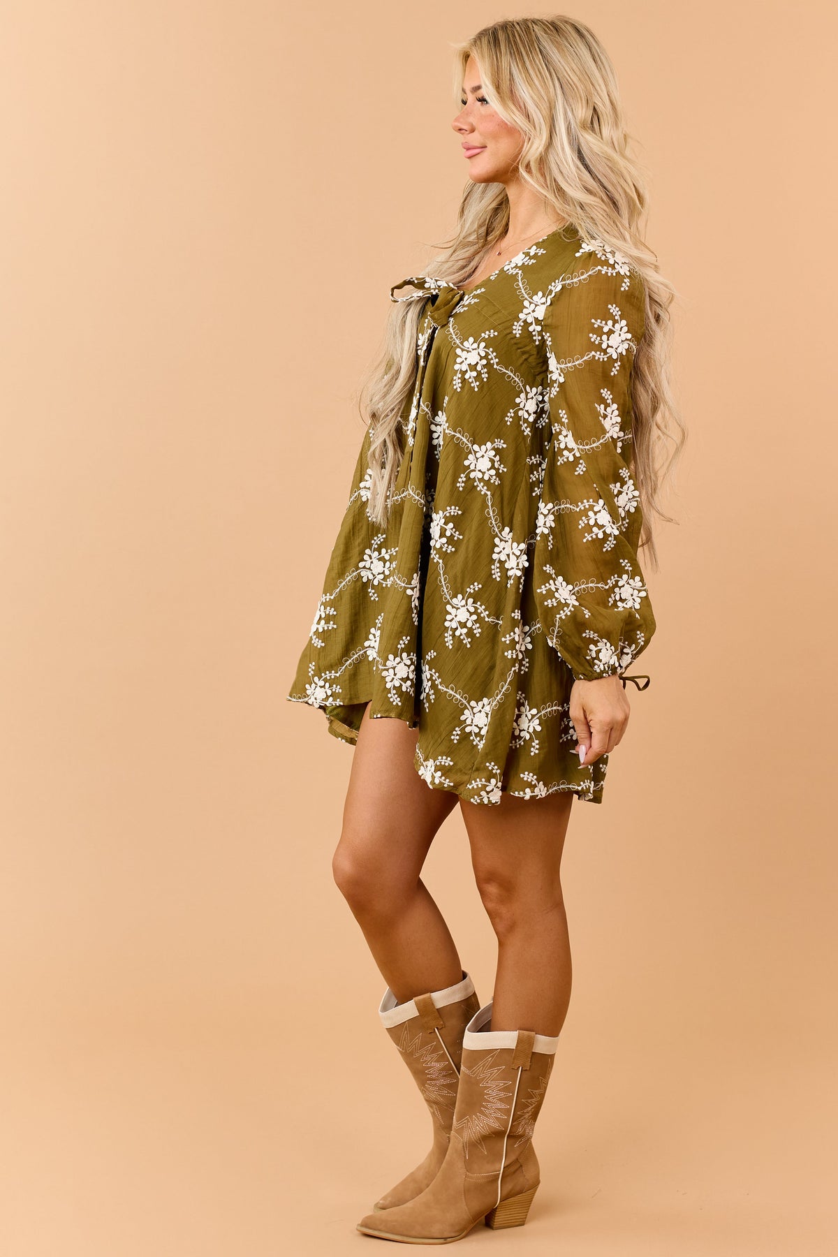 Olive Floral Applique Embroidered Flowy Mini Dress