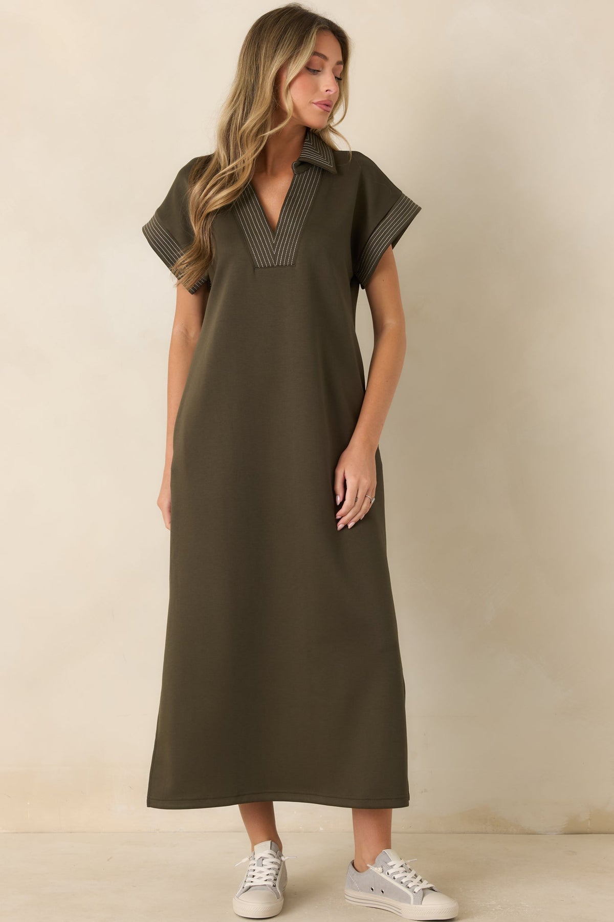 One Less Thing Olive Green V-Neck Contrast Pinstripe Maxi Dress