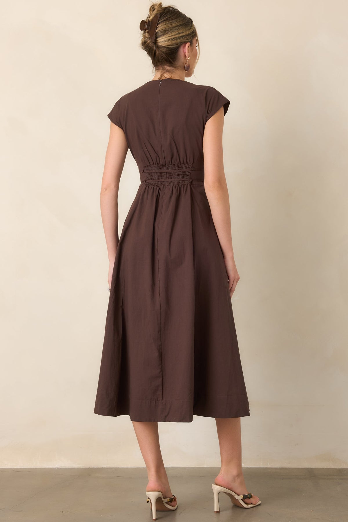 Gentle Reminders Brown Cotton Pleated V-Neck Midi Dress