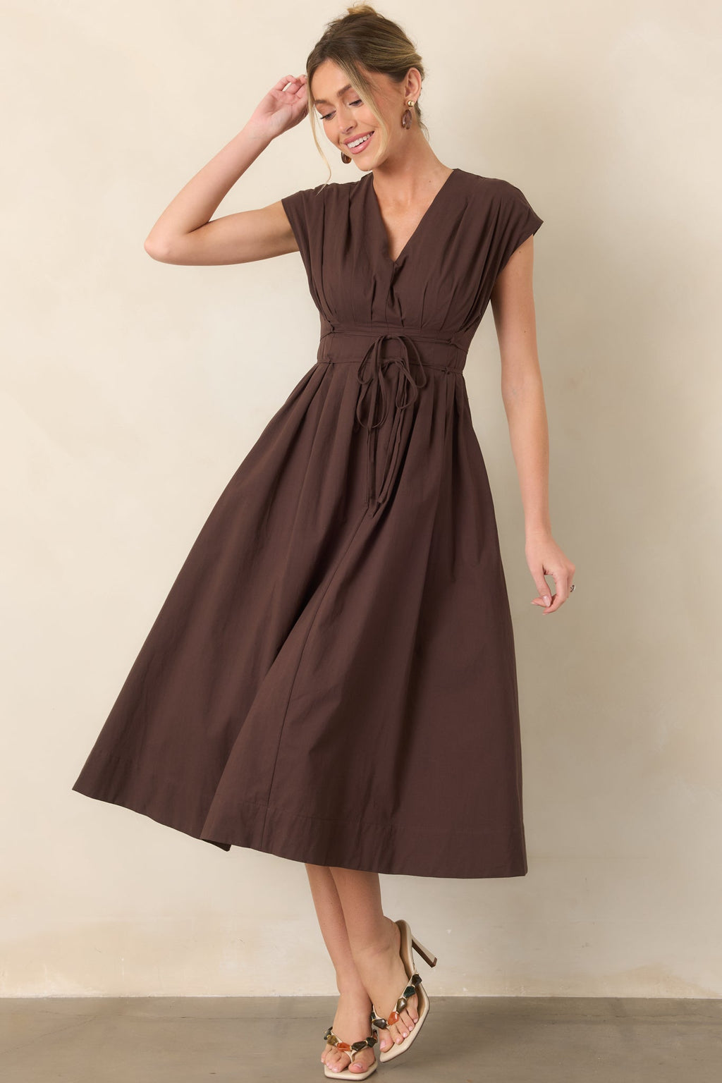 Gentle Reminders Brown Cotton Pleated V-Neck Midi Dress