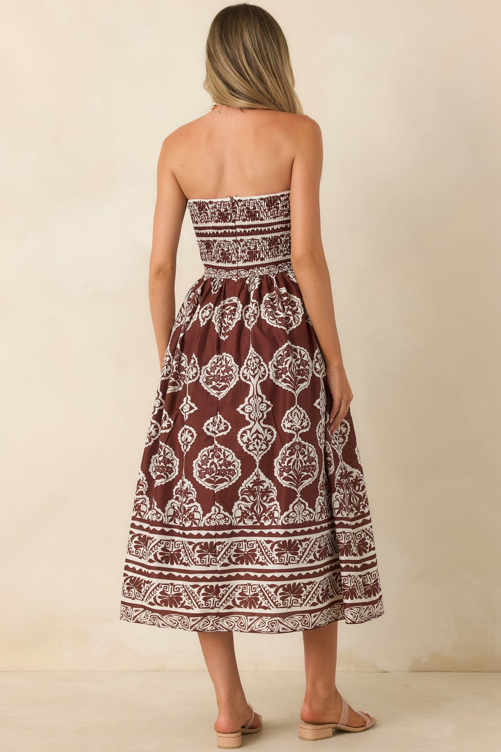 Painted Passage Chocolate & Ivory Cotton Strapless Midi Dress
