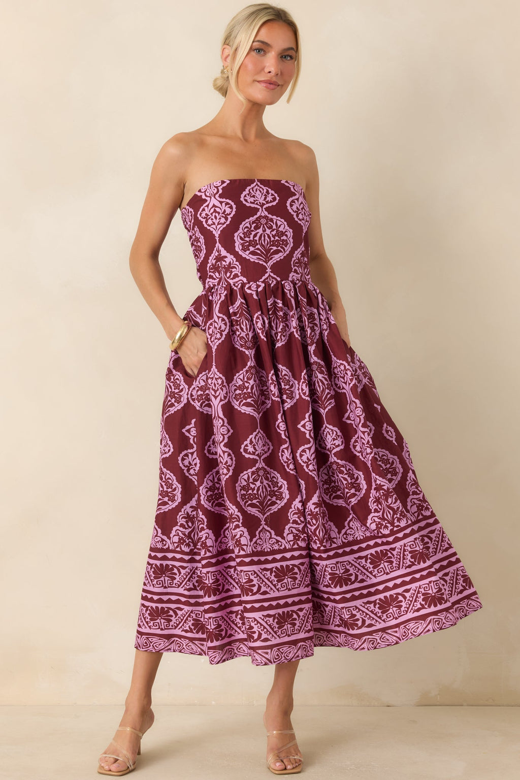 Painted Passage Wine & Orchid Pink Cotton Strapless Midi Dress