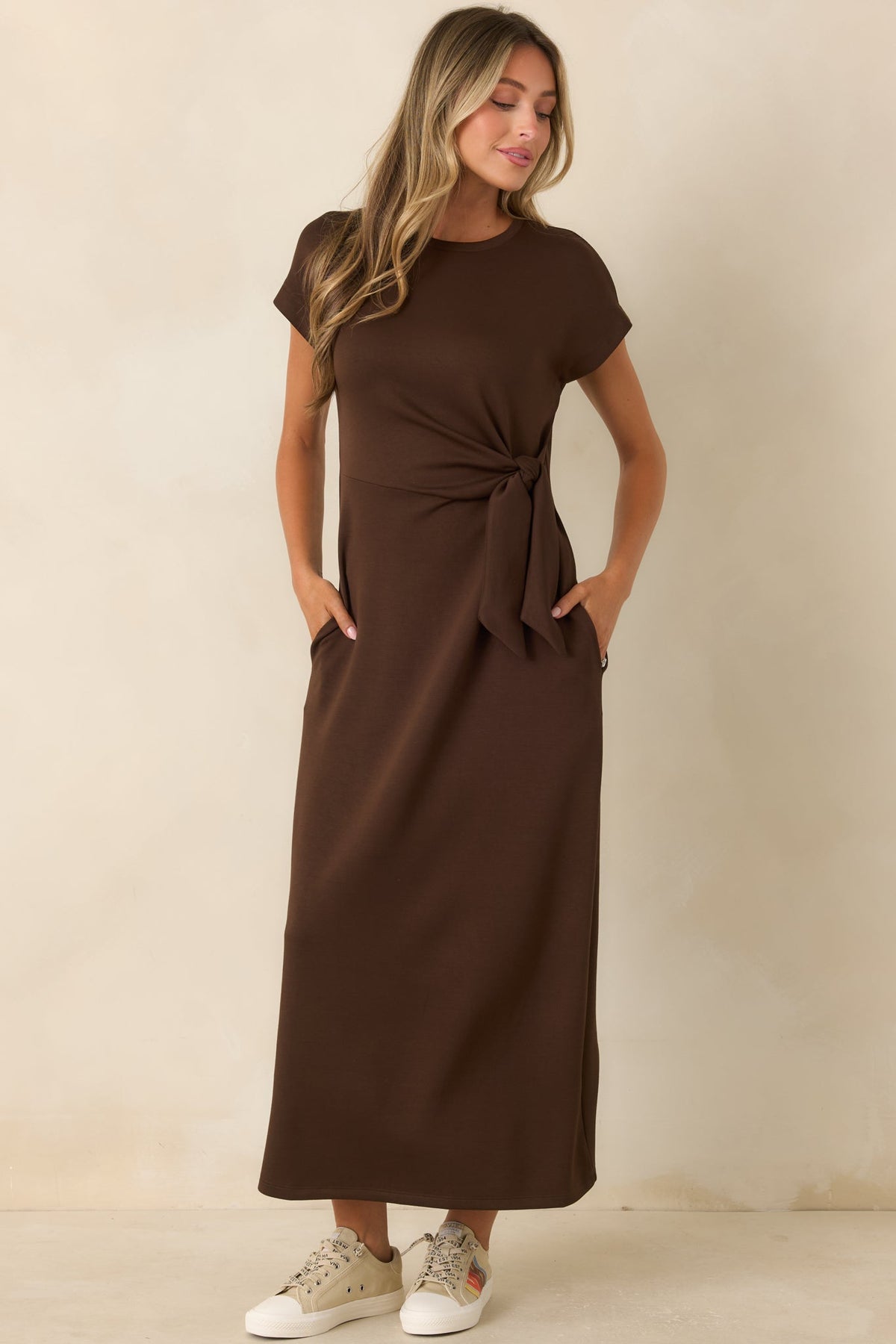 On a Side Note Chocolate Brown Side Tie Maxi Dress